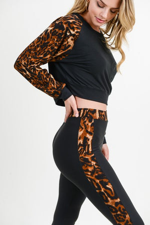 Women's Leopard Side Striped Crop Top & Leggings Set